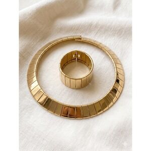 Vintage 80s Gold Segmented Collar Necklace & Panel Bracelet Set Bold Statement